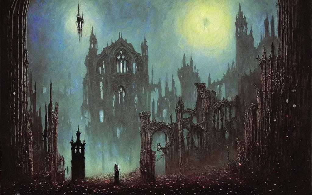 Prompt: opal iridescent gothic fantasy horror ruins bloodborne, award winning oil painting by santiago caruso and odilon redon