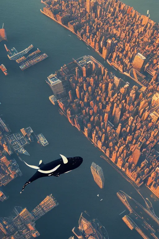 Prompt: a whale flying above new york city, superwide angle, redscale photography, dramatic lighting, photorealistic, cinematic lighting, high detail, cinematic feel, high octane, 4 k, unreal engine, digital render, intricate, ultra realistic, concept art