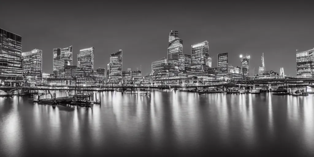 Image similar to high quality night photograph of Docklands in London, dimly lit cirrus clouds, long exposure, architecture photography, ultrawide image