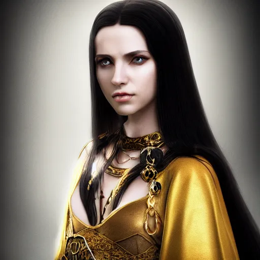 Prompt: beautiful female cleric with long black hair and a golden eye, focus on face, jewellery, fantasy, medieval, still, photograph, highly detailed, cinematic, dramatic, dynamic lighting, award winning, masterpiece, trending on artstation