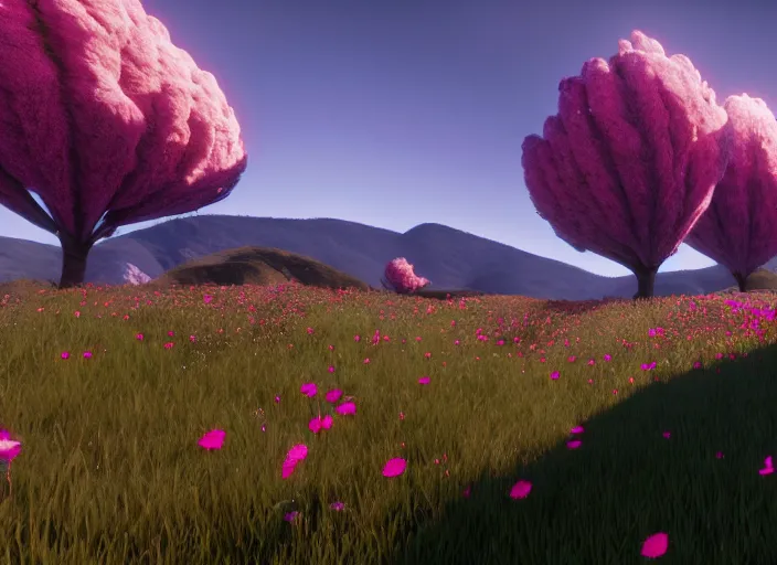 Prompt: fields full of flowers, pink and pyrple trees and blue sky with hills in the background. Intricate. Very detailed 8k. Fantasy horror. Sharp. Cinematic post-processing. Unreal engine. Nanite. Ray tracing. Parallax. Tessellation