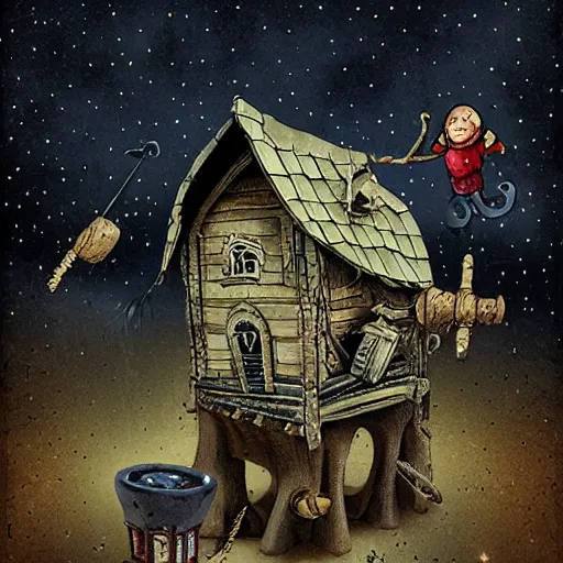 Prompt: baba yaga flying in a mortar through the night sky