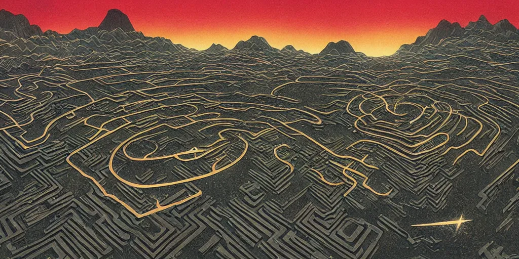 Prompt: the grand landscape of the endless scifi maze, art by kotaro chiba