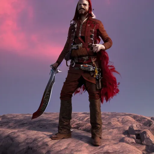 Image similar to A red headed sky-pirate with pistol and sword, epic fantasy, octane render, high detail, photorealistic, High details,4k