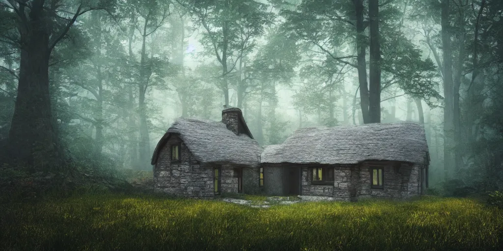 Image similar to lone cottage in the woods, 8k, fantasy, photorealistic, dramatic lighting