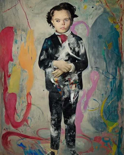 Image similar to portrait of a child in tuxedo painted by vincent lefevre and hernan bas and pablo amaringo and pat steir and hilma af klint, background in high definition 3 d, psychological, photorealistic, dripping paint, washy brush, rendered in octane, altermodern, masterpiece