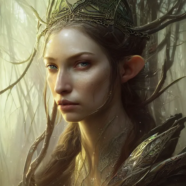 Image similar to close up portrait of a beautiful female elven warrior, magical forest background fantasy atmosphere. art by greg rutkowski. highly detailed, intricate, lifelike. sci - fi, fantasy, magical, nikon d 8 5 0.