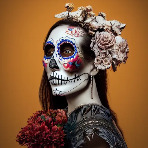 Image similar to lady, mid - waist self - portrait, perfect symmetry, intricate, dia de los muertos, skulls and flowers mask, aztec ultra detailed feathered dress 4 k resolution, octane rendering, ultra realistic, photo realism, beeple, 2 0 mm