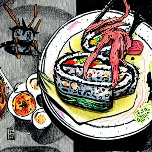 Image similar to root cactus sushi in the style of yoshitaka amano drawn by alex maleev