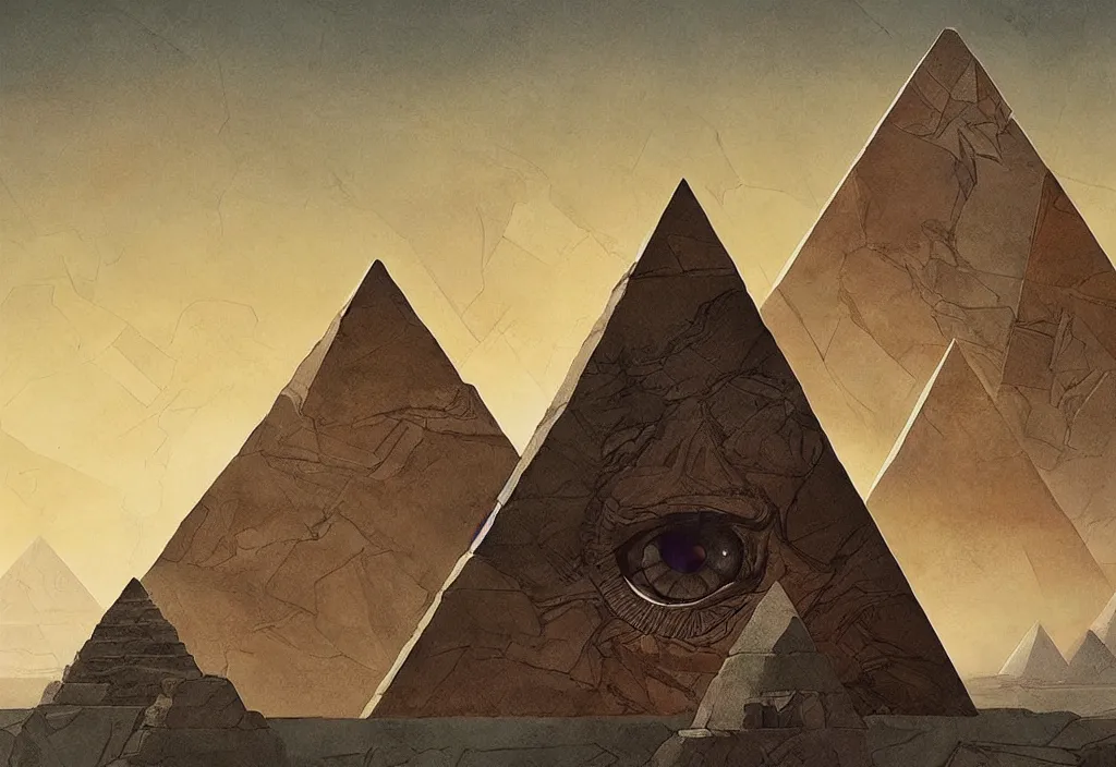 Prompt: a geometric pyramid landscape with eyes of marble, art by cliff chiang and greg rutkowski, surrealism by dali, very detailed, high resolution, symmetry