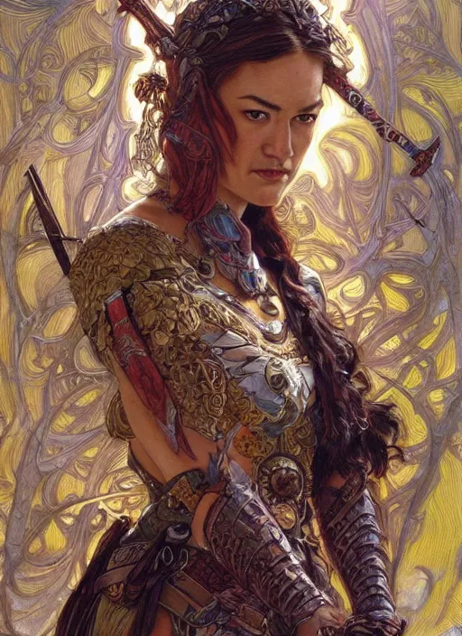 Image similar to Yvonne Strahovski as a beautiful warrior woman, fantasy, intricate, elegant, highly detailed, centered, digital painting, artstation, concept art, smooth, sharp focus, illustration, art by artgerm and donato giancola and alphonse mucha