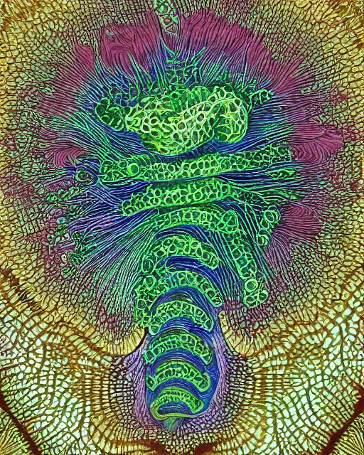 Image similar to Escherichia coli, close up details, drawn by Ernst Haeckel, colorful, beeple rendering