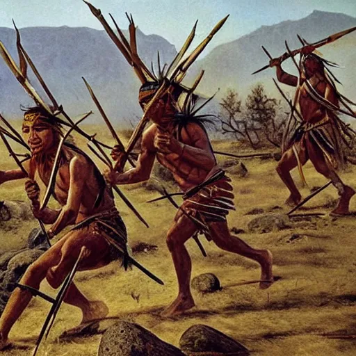 Image similar to war of natives with spears and rocks, realistic photo, nationnal geographic