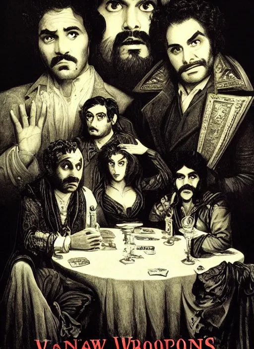 Image similar to old movie poster from 8 0 - s with three vampires from < < what we do in the shadows > > sitting around a table, baroque style art by gustave dore, gray lights in the background, dramatic light