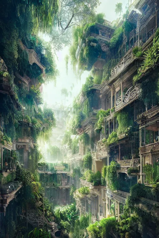 Image similar to magnificent view of the hanging gardens of babylon, intricate, elegant, volumetric lighting, digital painting, highly detailed, artstation, sharp focus, illustration, concept art, ruan jia, steve mccurry