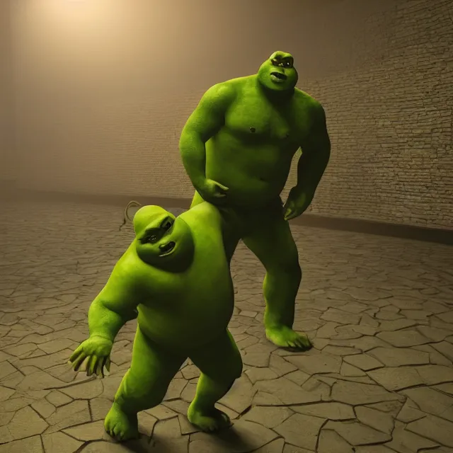 Image similar to ultra shrek performing on his yeezus tour, dark cinematic, volumetric, realistic, 3 d render, cinematic lighting, ray tracing, cinematic, unreal engine 5, unreal engine render, octane render, hyper realistic, photo, 8 k