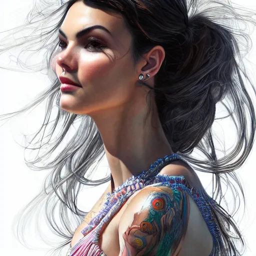 Image similar to the closeup portrait of an absurdly beautiful, graceful, cool, laid - back, streetfashionable victoria justice, an ultrafinehyperdetailed illustration by kim jung gi, irakli nadar, vania zouravliov, intricate linework, colors, smooth skin, hip features, unreal engine 5 highly rendered, global illumination, radiant light, detailed and intricate environment