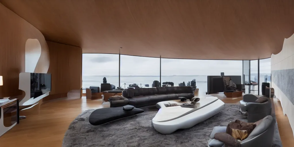 Prompt: living room designed by zaha hadid with wood paneling, futuristic furniture, led lighting, minimalist interior design, modern architecture, photography