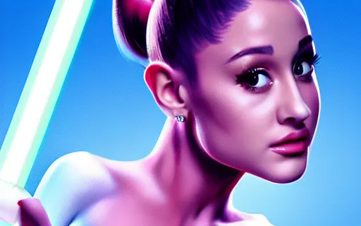 Image similar to A hyper realistic photo of Ariana Grande in the Star Wars universe with two pink lightsabers. Maximum detail on artstation, photo realism