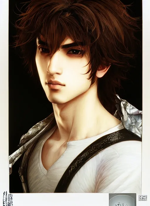 Image similar to beautiful medium shot portrait of a young arabic man inspired by ayami kojima with short hair dressed with a white t - shirt looking into the camera from three - quarters, white background white bank studio light, art by yoshitaka amano, alfons mucha, final fantasy, high quality, 8 k