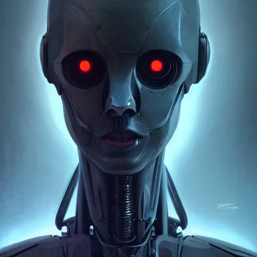 Prompt: dark digital concept art portrait of a high - tech robot on a depth of field background, artstation, award - winning realistic sci - fi concept art by jim burns and greg rutkowski, beksinski, a realism masterpiece, moody color palette, james gilleard, bruegel, alphonse mucha, and yoshitaka amano