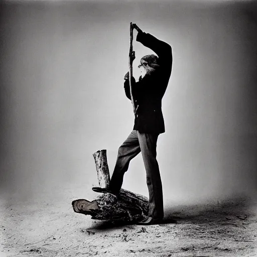 Image similar to a feathered man holding a log, large format film photo by richard avedon