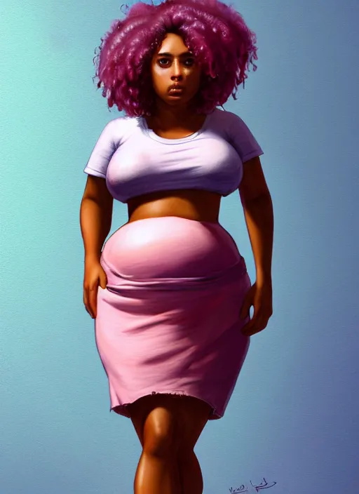 Image similar to full body portrait, teenage vanessa morgan, pink hair, brown skin, obese, curly pixie hair, sultry, realistic, short hair, hoop earrings, skirt, shirt, fat, belly, intricate, elegant, highly detailed, digital painting, artstation, concept art, smooth, sharp focus, illustration, art by wlop, mars ravelo and greg rutkowski