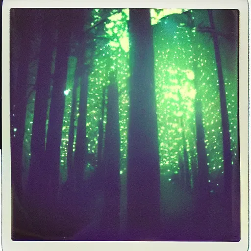 Image similar to a ufo with glowing lights flying over a forest at night, old polaroid, expired film,