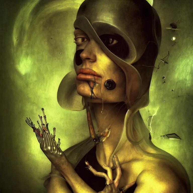 Image similar to portrait of cyborg witch by hieronymus bosch, soft grainy bloom lucid dream - like atmosphere, harsh flash photo, baroque portrait painting, perfect composition, detailed octane render trending on artstation, 8 k artistic photography, volumetric cinematic perfect light, chiaroscuro, masterpiece, raphael, caravaggio, beksinski, rutkowski, beeple