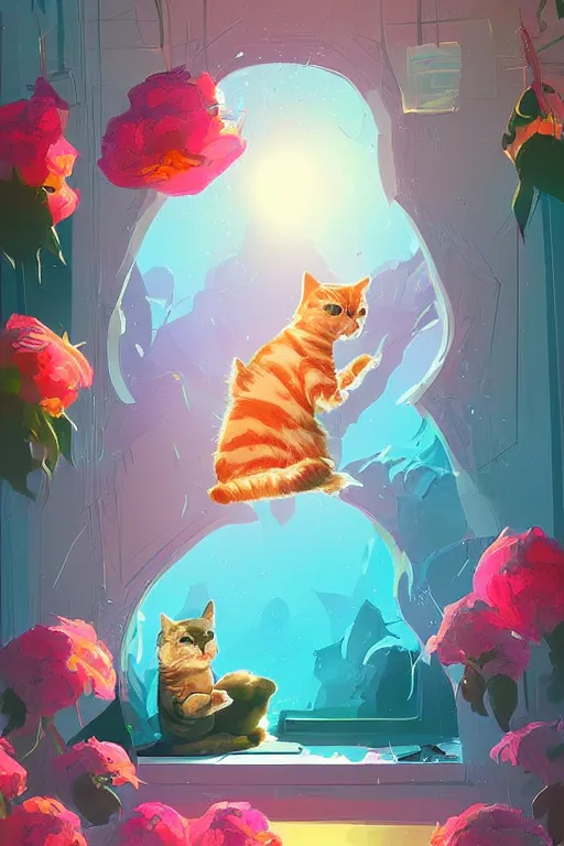 Image similar to a digital art of a cat sleeping in the room with flowers around in the afternoon, the sun shines in, animal, light effect, highly detailed, by anton fadeev