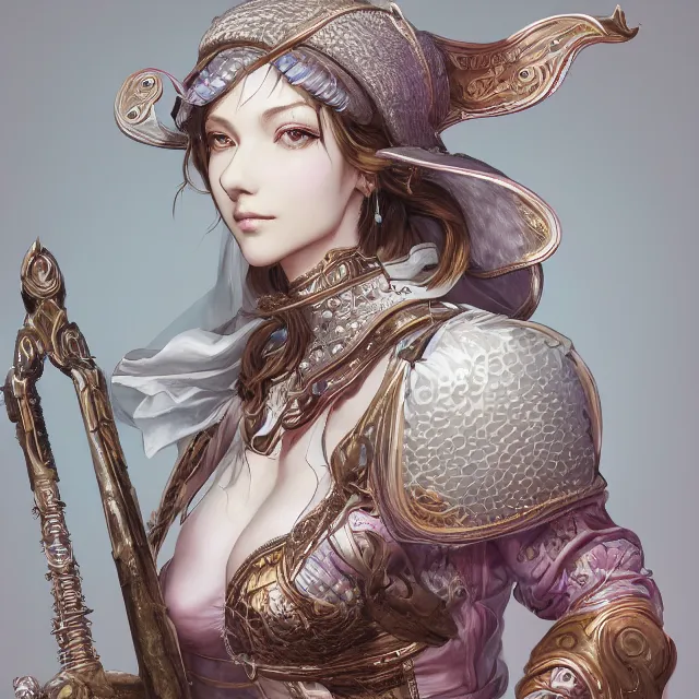 Image similar to studio portrait of neutral good colorful female cleric bard healer as absurdly beautiful, elegant, young skinny gravure idol, ultrafine hyperdetailed face illustration by kim jung gi, irakli nadar, intricate linework, sharp focus, bright colors, octopath traveler, final fantasy, unreal engine highly rendered, global illumination, radiant light, detailed intricate environment