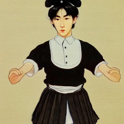 Prompt: painting of grumpy handsome beautiful man in his 2 0 s named min - jun in a french female maid outfit, modern clothing, elegant, clear, painting, stylized, delicate facial features, soft but grumpy, highly detailed, art, art by egon yamamoto