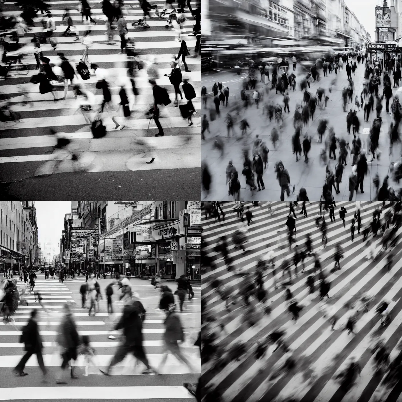 Prompt: hundred of people walking a crosswalk in a city by richard avedon. street level view. street photography. black and white. ilford delta. super long exposure. extreme motion blur. film grain. contrast.