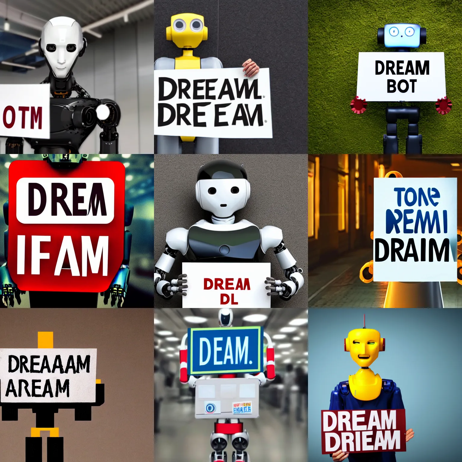 Image similar to photo of artificial intelligence robot holding a sign with text that reads : dream