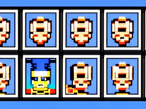 Prompt: screenshot of a 1 9 9 3 1 6 - bit snes mega man game consisting of a grid of 9 framed closeup face portraits of cute evil robots.