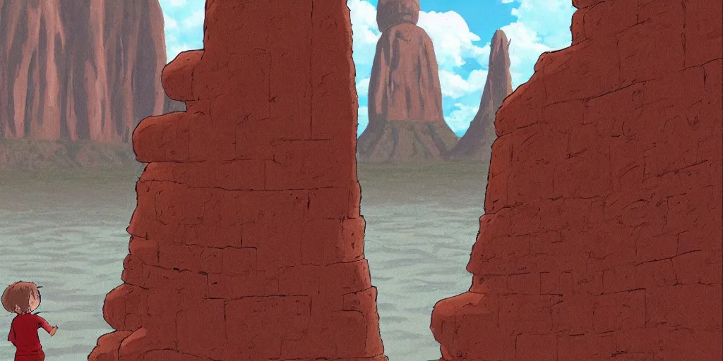 Image similar to a realistic cell - shaded studio ghibli concept art from paprika ( 2 0 0 6 ) of a hairless ape from close encounters of the third kind ( 1 9 7 7 ) in a flooded monument valley easter island. very dull colors, wide shot, hd, 4 k, hq