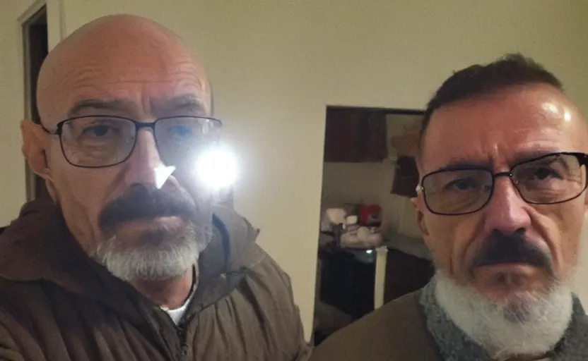 Prompt: my uncle that look like walter white if he was turkish accidentally taking a selfie, front camera, camera flash is so bright in his face, viral, selfie, viral on twitter, viral on instagram, viral photo