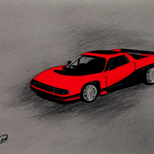 Prompt: pen ink drawing black red 1999 FD RX-7 front side view dynamic racing motion blur Shuichi Shigeno and Michiharu Kusunoki flat drawing two tone color black background dark simple shading