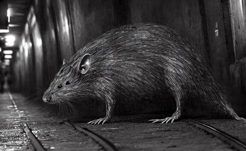 Image similar to very large giant mutant zombie rat infected by radiation sraying in tonnel of moscow subway. extreme high detail. low dark light, scary atmosphere.