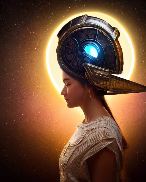 Prompt: centered medium shot fine studio photograph of a young woman wearing only a white solarpunk mecha Mayan helmet with bright lights, ultra-realistic, white background, 8k HDR sunset lit, intricate