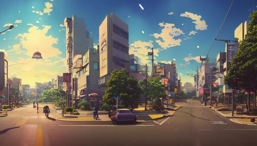 Image similar to A highly detailed matte painting of a suburban tokyo street with a bright shimmering sky by Studio Ghibli, Mokoto Shinkai, by Artgerm, by beeple, volumetric lighting, octane render, 4K resolution, trending on artstation, vivid colours