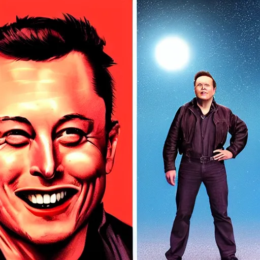 Prompt: movie poster of elon musk as a villain who looks at the planet mars with a macabre smile, his face is illuminated with a red light, john alvin style