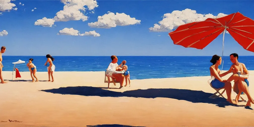 Image similar to a couple and a baby on a beach in sardinia, white sand, blue sky, summer, painting by jack vettriano