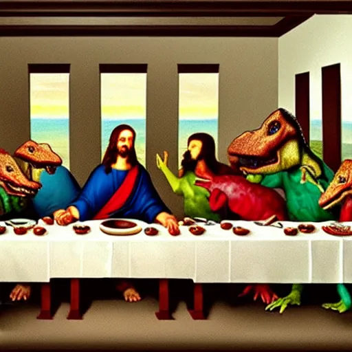 Prompt: the last supper with dinosaurs instead of humans