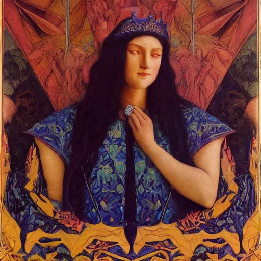 Image similar to princess of the dawn mountains, by annie swynnerton and charlie bowater and diego rivera and nicholas roerich and jean delville and evelyn de morgan, dramatic lighting, brocade robes, elaborate floral ornament, rich colors, smooth sharp focus, extremely detailed