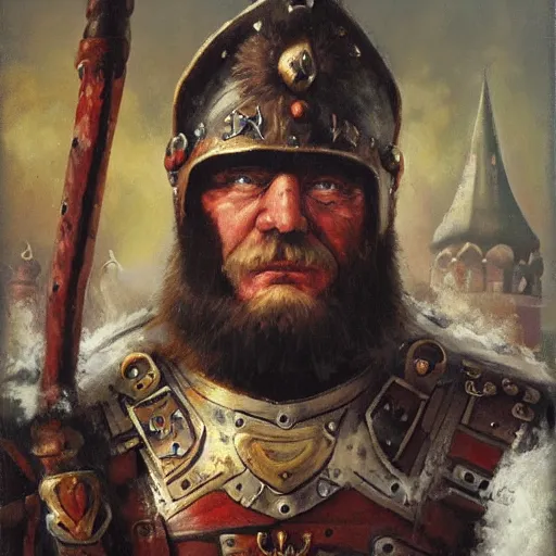 Image similar to a russian warrior who is wearing iron gauntlets in the shape of bear claws in the style of warhammer fantasy : : head and shoulders oil painting