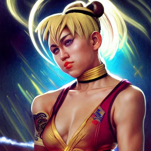 Image similar to miley cyrus as chun li from street fighter, kicking, 4 k, ultra realistic, detailed focused art by artgerm and greg rutkowski and alphonse mucha