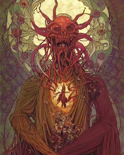 Image similar to the platonic ideal of flowers, rotting, insects and praying of cletus kasady carnage davinci dementor chtulu mandala ponyo dinotopia the witcher, fantasy, ego death, decay, dmt, psilocybin, concept art by randy vargas and greg rutkowski and ruan jia and alphonse mucha