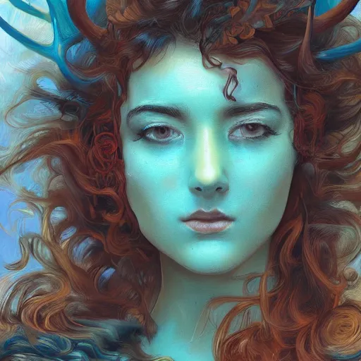 Prompt: beautiful digital painting of a beautiful young woman with teal skin and antlers made of wood on her head, brown curly hair with orange oak leaves, D&D, fantasy, intricate, beautiful eyes, cinematic lighting, highly detailed, digital painting, Artstation, concept art, smooth, sharp focus, illustration, art by Artgerm and Greg Rutkowski, Alphonse Mucha and Rossdraws