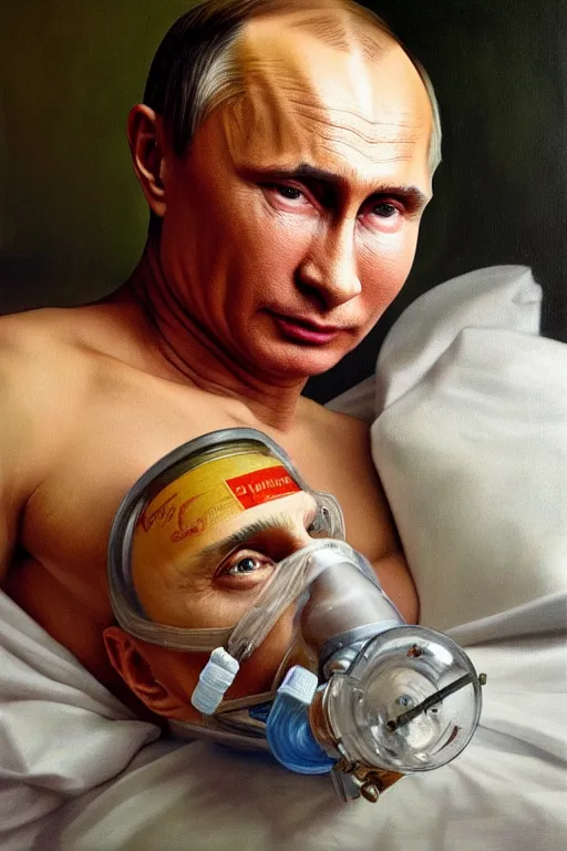 Prompt: a super very hyperrealistic oil painting of ill Vladimir Putin as a patient wearing an oxygen mask on a death bed inhaling from Copium tank that stand near his bed, visible face, fantasy, intricate, elegant, highly detailed, digital painting, artstation, concept art, smooth, sharp focus, illustration and alphonse mucha